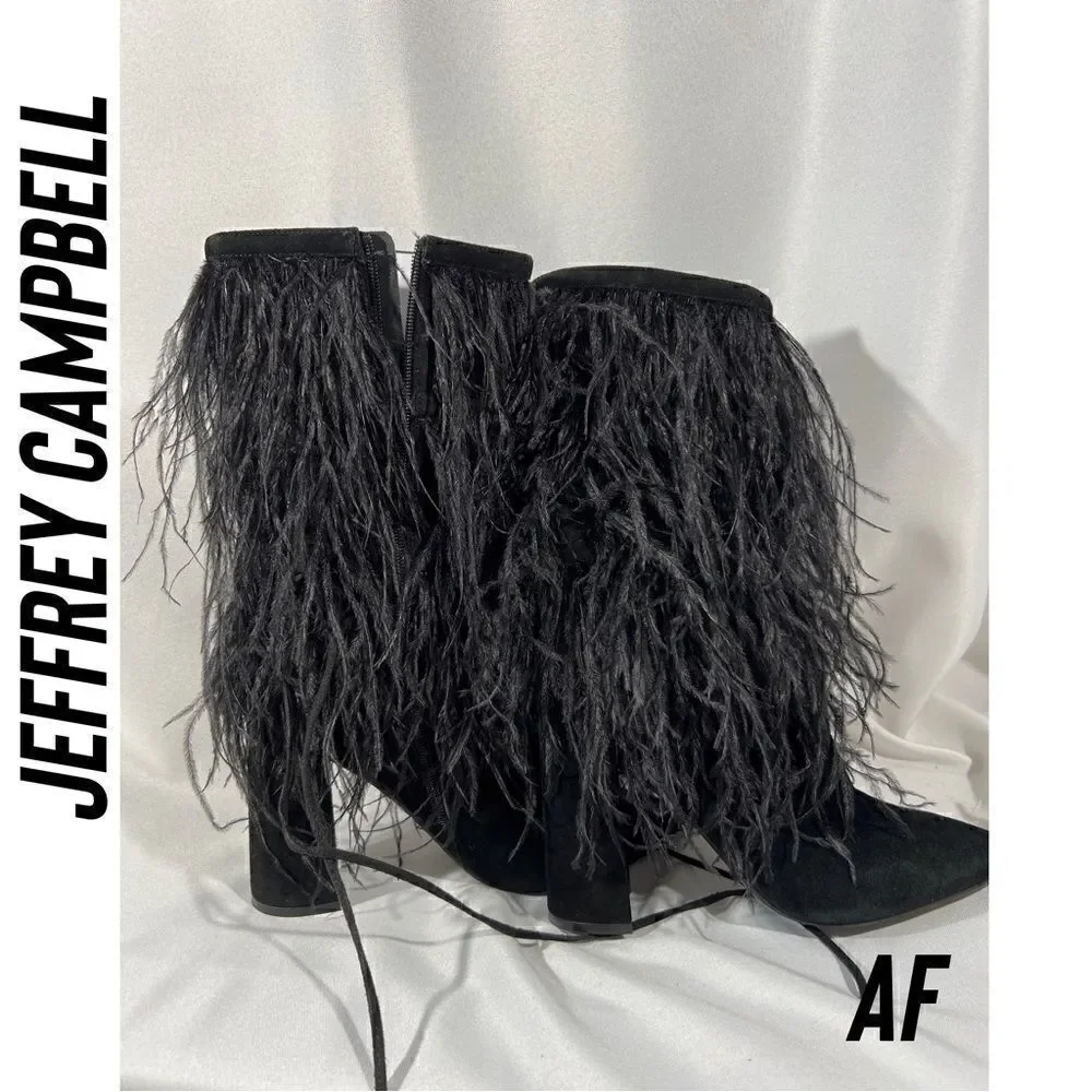 JEFFREY CAMPBELL SHAKE YA OSTRICH FEATHER BOOTS NEW BLACK - Picture 4 of 11